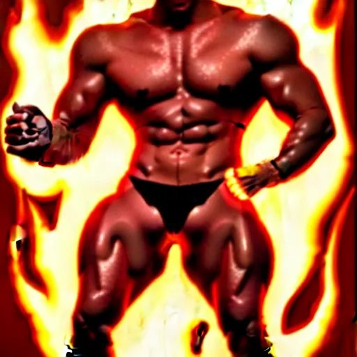 Prompt: a masculine and ripped fire elemental