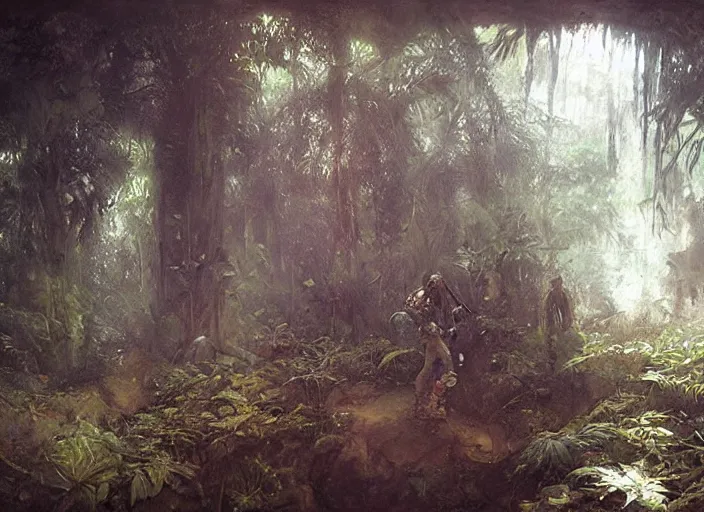 Image similar to interior shot of a lush jungle with two steam punk explorers navigating the harsh terrain, masterpiece, painterly, art by artem demura, emotion,