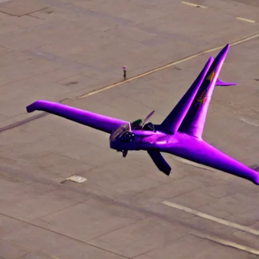 Image similar to a purple dragon sitting on the top of an aeroplane