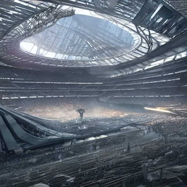 Prompt: a futuristic stadium with a giant artstation mecha, the stadium has a full crowd, unreal engine, hyper realism, realistic shading, cinematic composition, realistic render, octane render, wide shot