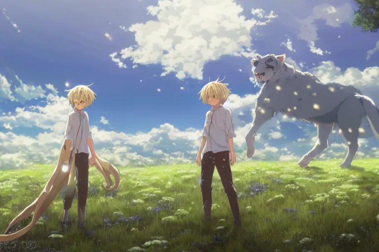 Image similar to a vast scene, panorama distant view, anime art full body portrait character concept art, hyper detailed scene render of a boy and white lion, anime key visual of violet evergarden, finely detailed perfect face delicate features directed gaze, in the white clouds fairyland, trending on pixiv fanbox, violet evergarden, studio ghibli, james jean, extremely high quality artwork