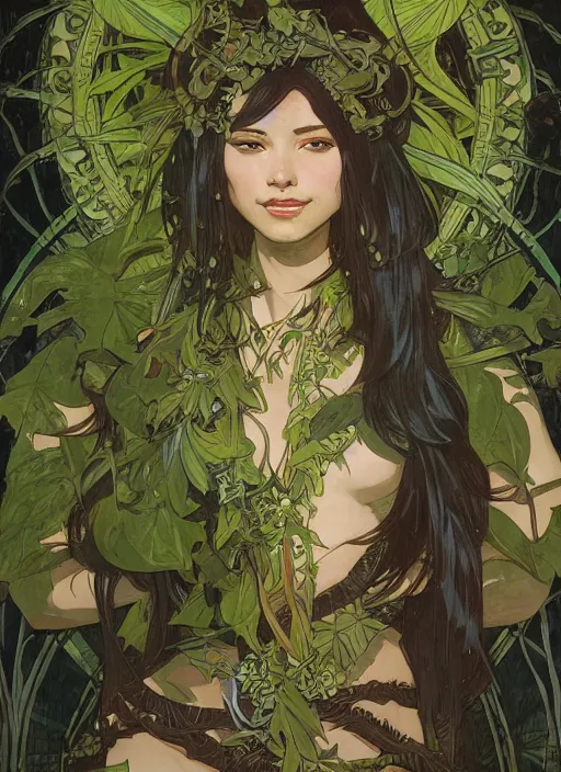 Image similar to jungle queen, armor made of leaves and vines, green, black hair, brown skin, high fantasy, dnd, smooth, sharp focus, illustration, by rossdraws, alphonse mucha, frank fanzzeta