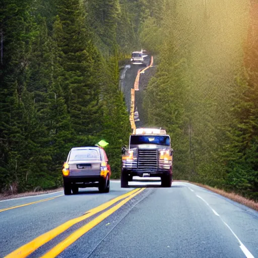 Prompt: Sasquatch pushing a big tree onto highway traffic