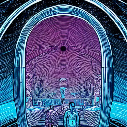 Prompt: a portal the shape of a human by dan mumford