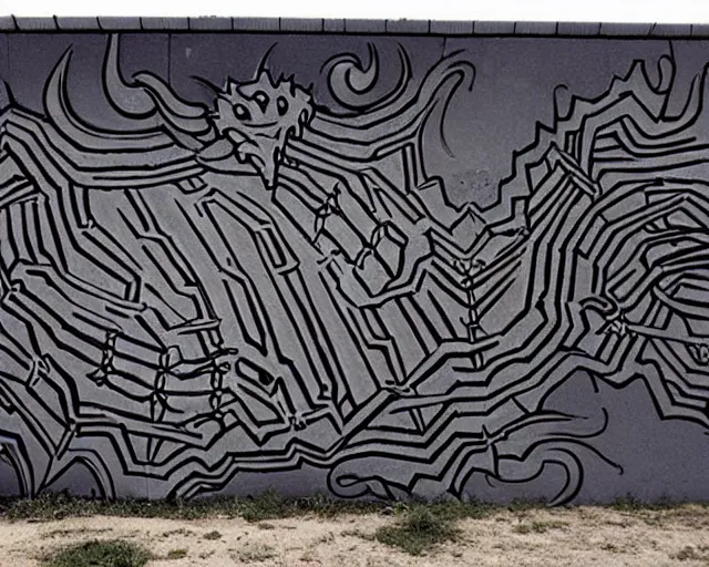 Image similar to a wall that has some lovecraftian graffiti on it inspired by wretched dragon rib cage.