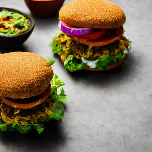 Prompt: vegan hamburger guacamole and crispy fried onion and fried egg toppings, crispy buns, 8 k resolution, professional food photography, studio lighting, sharp focus, hyper - detailed