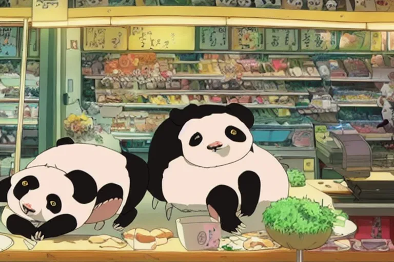 Image similar to studio ghibli anime film ham panda, about a girl and her best panda friend working at a deli, miyazaki movie