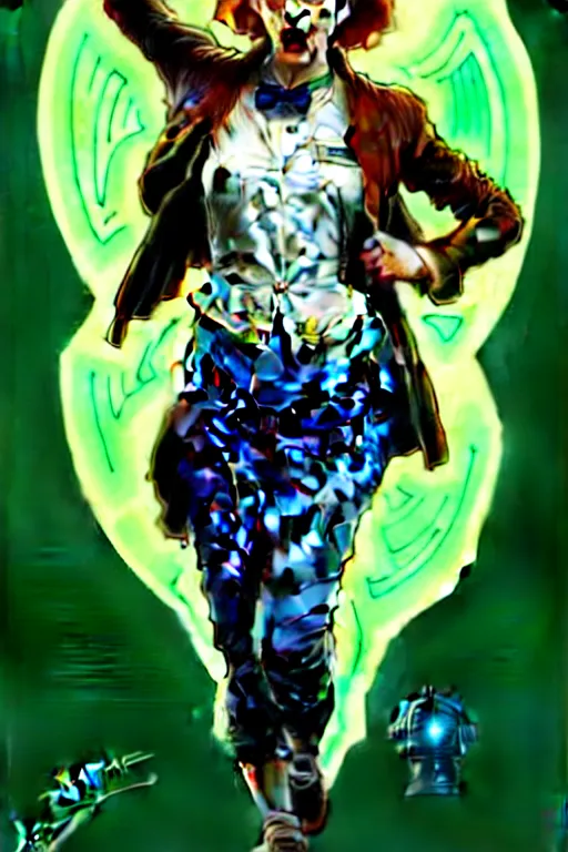 Image similar to doctor who, woman, as a mad dentist, on a plain green background, art by artgerm and greg rutkowski and alphonse mucha