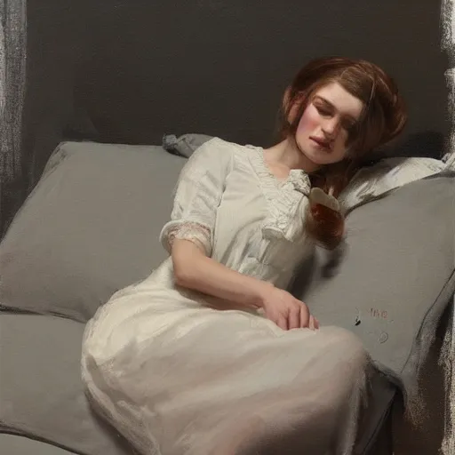 Prompt: girl with pigtails hairstyle, lace dress, reclining pose, jeremy lipking, joseph todorovitch, timothy rees