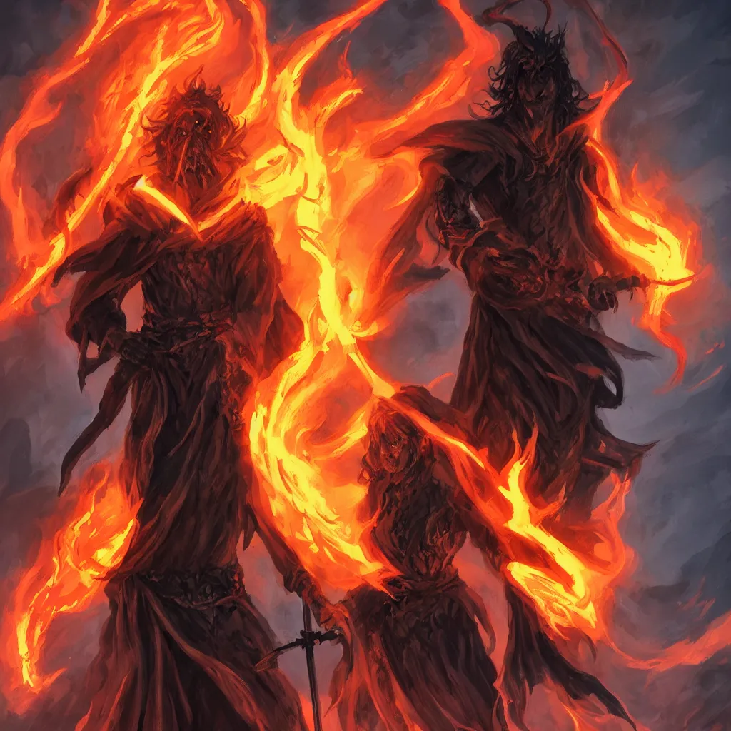 Prompt: dungeons and dragons official art of a lone male fire genasi wizard with pitch black skin, flaming hair, glowing orange eyes, wearing black wizard robes, smug smile, holding a wooden staff, standing proudly in front of barren plains in background, official print, book cover art