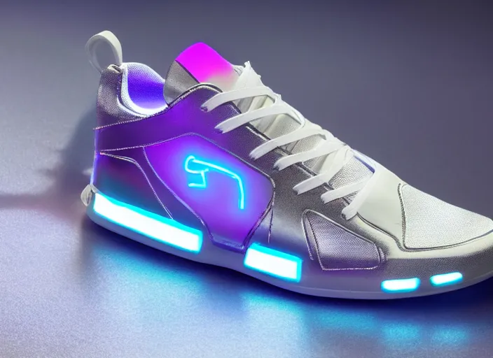 Prompt: futuristic generative design sneakers with neon lights in the style of cyberdog, product shot, dynamic lighting