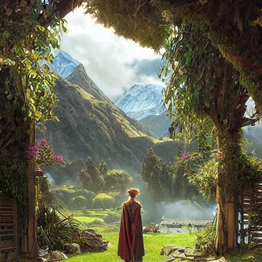 Prompt: a lord of the rings village in large new zealand landscape, shiny colors, high - key lighting, beautiful composition, intricate, elegant, pro photography by, highly detailed, art by artgerm and greg rutkowski and alphonse mucha