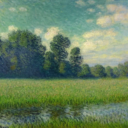 Prompt: a big tear in reality opens over a calm field in summer, award-winning, trending on artstation, oil on canvas, masterpiece, in the style of Claude Monet