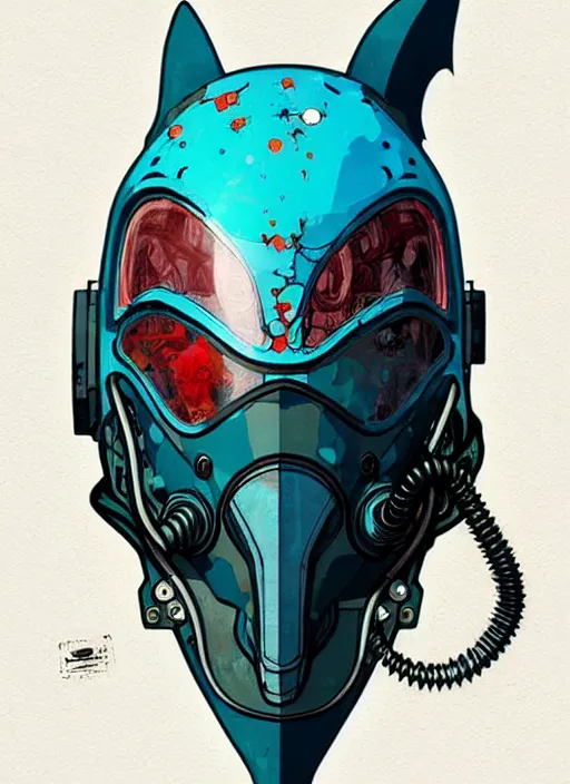 Image similar to biopunk shark mask link from fallout, portrait illustration, pop art, splash painting, art by geof darrow, ashley wood, alphonse mucha, makoto shinkai