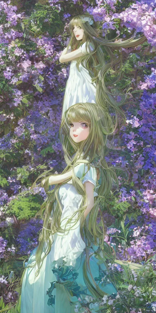 Prompt: a digital art of loli with long hair in a dress in the privet garden at after noon, green and warm theme, blue accents, low angle, back lighting, highly detailed, 4 k resolution, trending on art station, by krenz cushart and mucha and akihito yoshida and greg rutkowski and