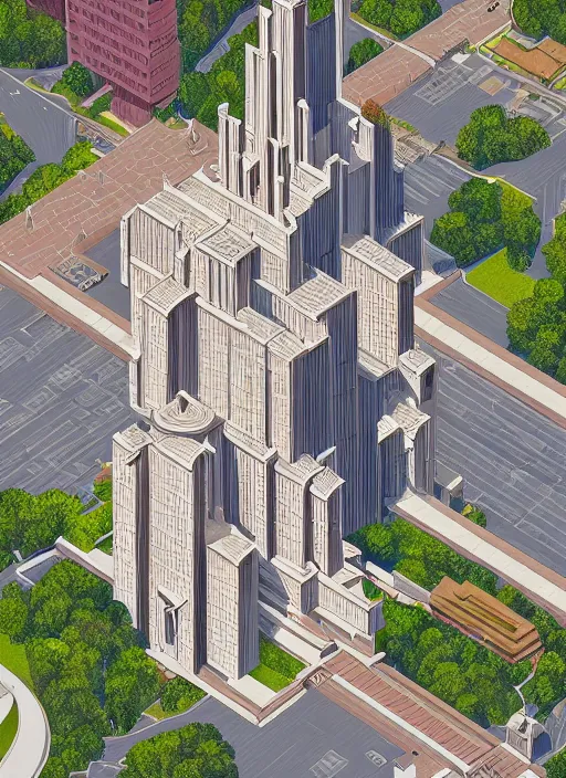 Image similar to isometric artdeco cathedral by frank lloyd wright, shot from drone isometric, painted by piet mondrian