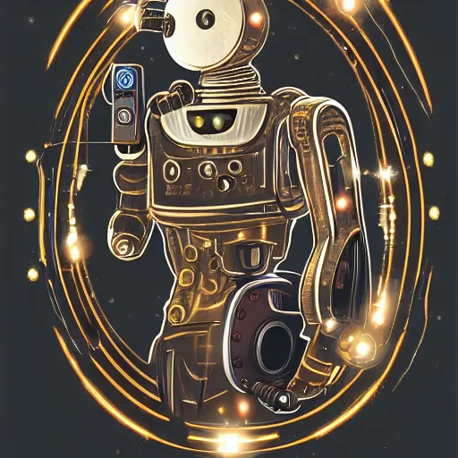 Image similar to a portrait of a robot holding a revolver, steampunk, holographic