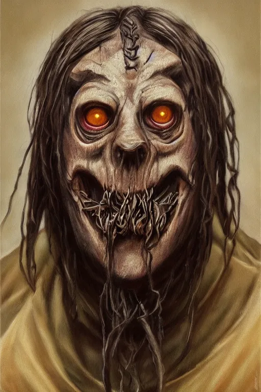 Prompt: high detail fantasy portrait oil painting illustration of slipknot by justin sweet, insane, realistic proportions, d & d, rpg, forgotten realms, artstation trending, high quality, sombre mood, artstation trending, muted colours