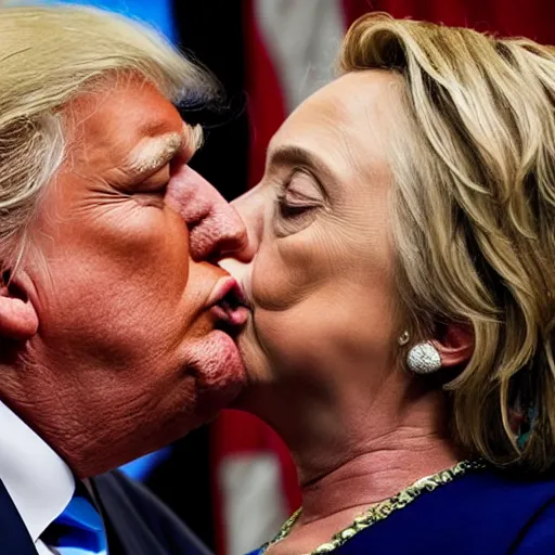 Image similar to realistic portrait of Donald trump kissing Hillary Clinton, hyperrealistic