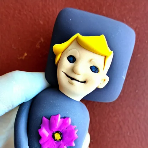 Image similar to the little prince smiling with a purple flower on his hand. made of clay