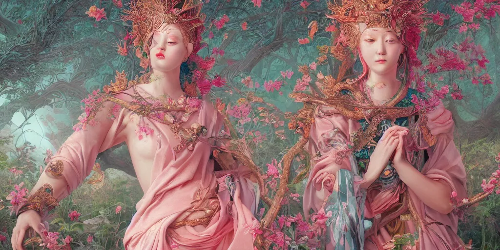 Image similar to breathtaking detailed concept art painting of the goddess of flamingo, orthodox saint, with anxious, piercing eyes, ornate background, amalgamation of leaves and flowers, by Hsiao-Ron Cheng and John James Audubon, extremely moody lighting, 8K