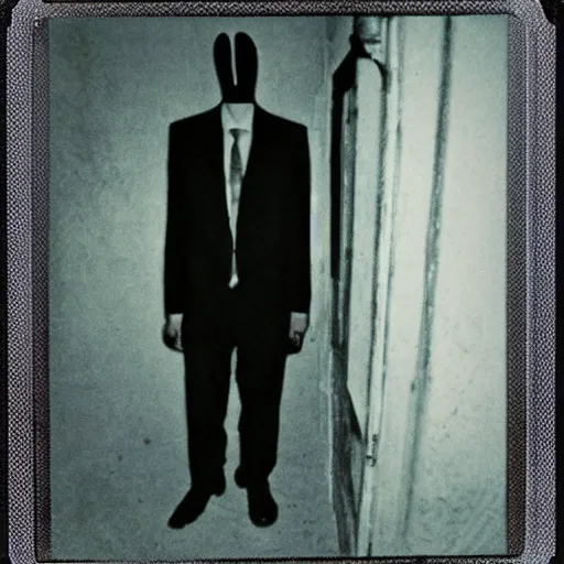 Image similar to polaroid of slenderman standing in dark alley