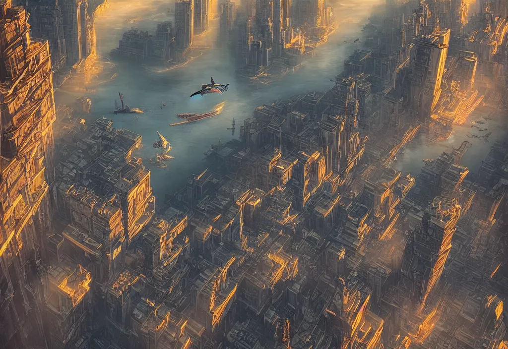 Prompt: flying dragon city by alena aenami, zeppelin dock, city flying in the air, mist below buildings, steampunk, looking from below, digital art, 4 k, trending on artstation, epic composition, highly detailed, golden hour