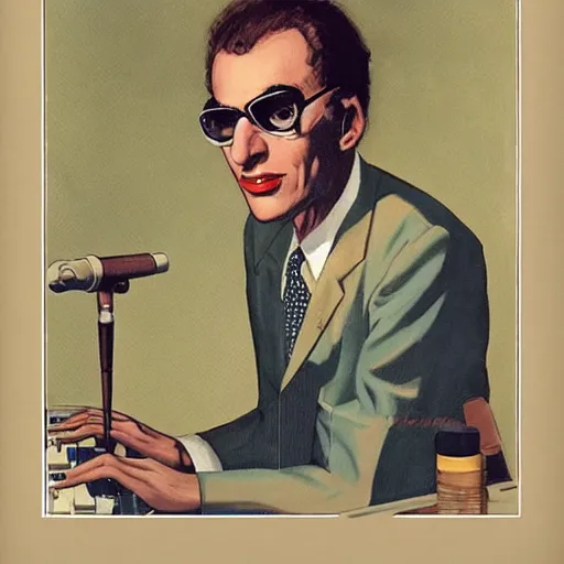 Image similar to “portrait of donald fagen as a 1950s disk jockey, by robert McGinnis”