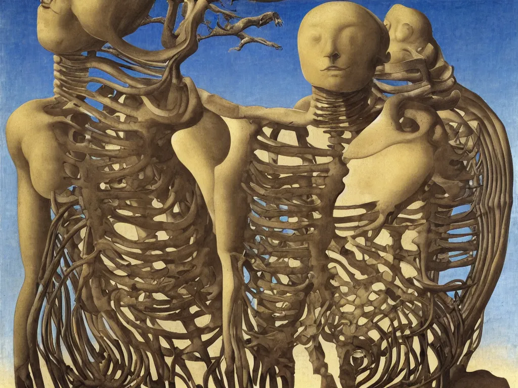 Image similar to Whale skeleton, African god mask fountainhead, boulders of marble. Torso of a woman. Painting by Rene Magritte, Piero della Francesca, Jean Delville, Max Ernst, Maria Sybilla Merian