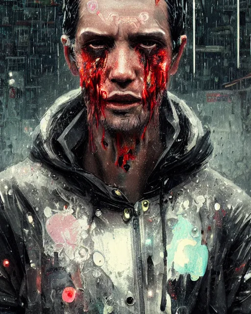 Image similar to detailed portrait, zombie, rain, cyberpunk futuristic neon, reflective puffy coat, decorated with traditional japanese ornaments by ismail inceoglu dragan bibin hans thoma greg rutkowski alexandros pyromallis nekro rene maritte illustrated, perfect face, fine details, realistic shaded, fine - face, pretty face