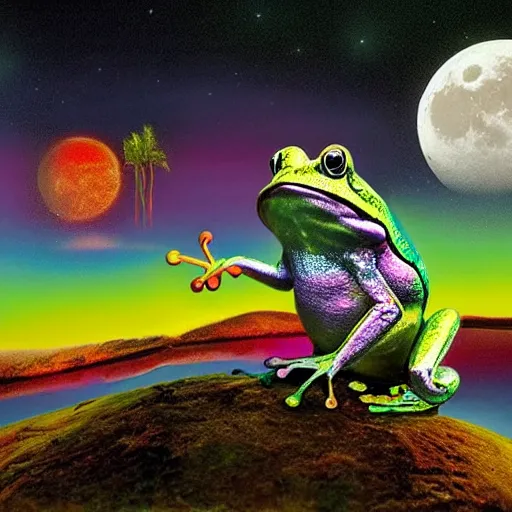 Prompt: a frog doing lsd and enjoying a moonrise, realistic, 4k, hyperdetailed, style of salvador dali