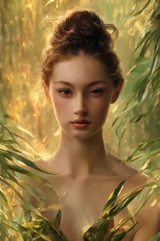 Image similar to stunningly beautiful, giesha prima ballerina in jungle, symmetrical face, golden hour, smooth, focus, highly detailed, hyper realistic, dramatic lighting, elegant, intricate, concept art, art by wlop, mars ravelo, greg rutowski, artstation