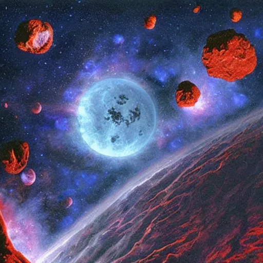 Prompt: asteroids floating in outer space, a dark gothic castle on top of an asteroid, red and purple nebula, Dan Seagrave art
