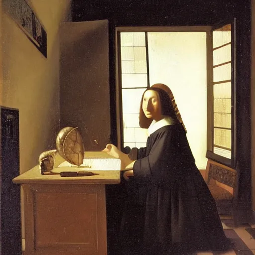 Prompt: An oil painting of Antonie van Leeuwenhoek sat at an escritoire desk with his hand touching an ammonite fossil, there is a window with muntins to his left and a wood closet behind him, in the style of The Astronomer by Vermeer, Dutch Golden Age, Old Masters