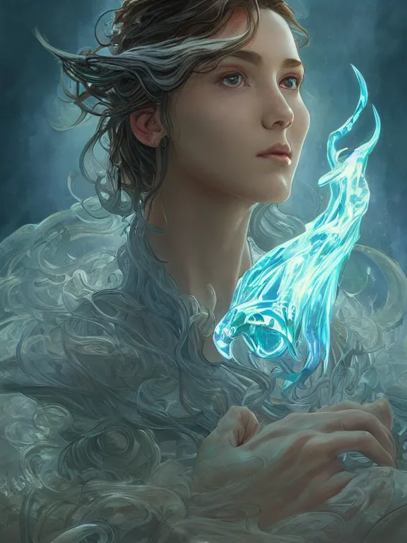 Image similar to summoner with a water elemental, fantasy, man, intricate, elegant, highly detailed, digital painting, artstation, concept art, wallpaper, smooth, sharp focus, illustration, art by artgerm and greg rutkowski and alphonse mucha