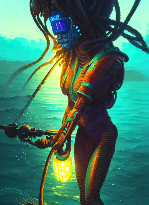 Image similar to portrait of a jamaican fisherman sci - fi glowing fishing armor jamaican colors muscular cyberpunk intricate elegant highly detailed digital painting artstation concept art, ocean fish background, greg rutkowski, loish, rhads, ferdinand knab, makoto shinkai and lois van baarle, ilya kuvshinov, rossdraws, tom bagshaw