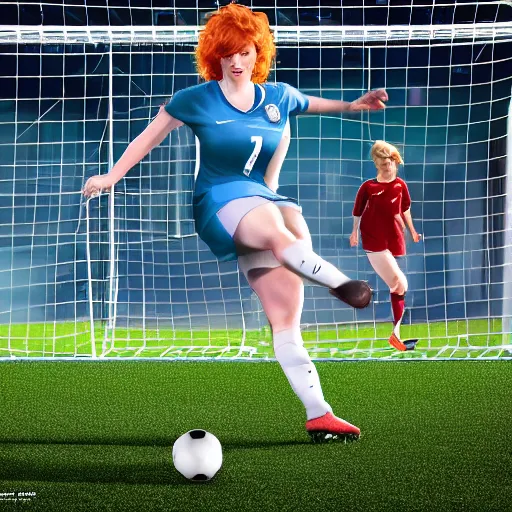 Image similar to Christina Hendricks as soccer player scoring goal, realistic, 4k,