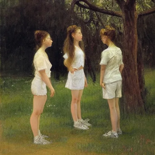 Prompt: a beautiful painting of a thin girl with long curly blond hair. she is wearing a black shirt and white shorts with white shoes. she is standing facing away from us talking to a group of her friends. they are all standing in front of a tree. in style of ilya repin, trending on artstation