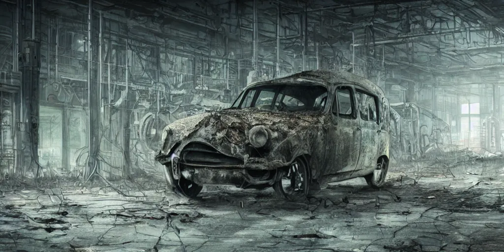 Image similar to close up of a car in an old industrial car factory, a ghostly figure is walking between the broken cars, everything is rusted and broken and covered in moss, night time low light, spooky and scary atmosphere, artstation,