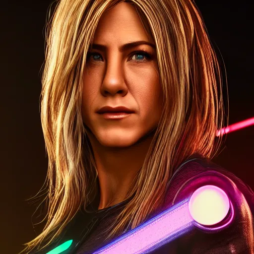 Image similar to young jennifer aniston portrait, Cyberpunk 2077, photorealistic, ultra detailed, cybernetic head, neon, octane, bokeh, 8k