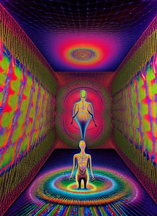 Prompt: realistic detailed image rendered in octane 3d , of an out of body experience in a old soviet room with a carpet on the wall, and in the center figures of a family trapped in a psychedelic hypercube cage of life and doom surrounded by dancing entities and shamans, in the field of inner hyperspace, shipibo , by Alex Grey, by Ayami Kojima, Amano, Karol Bak, Greg Hildebrandt, and Mark Brooks. rich deep colors. Beksinski painting, art by Takato Yamamoto. masterpiece. rendered in blender, ultra realistic, smooth shading, ultra detailed, high resolution, cinematic, unreal 6