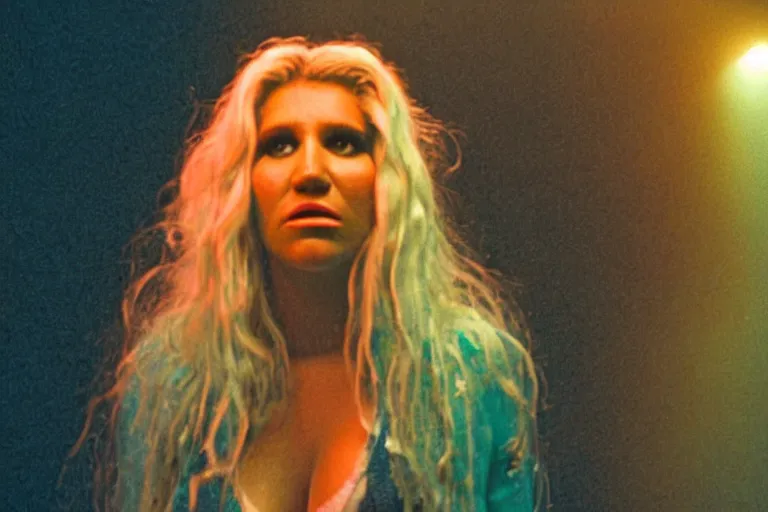 Image similar to film still of kesha in cosmic horror! the musical by david cronenberg, budapest street background, 3 5 mm film, atmospheric, ultra fine detail, film grain, photorealistic, hyperrealistic