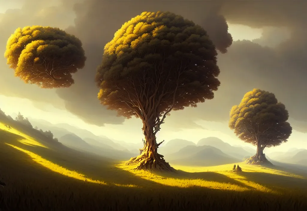 Prompt: dionisio landscape without people, high trees, top of the hill, above low layered clouds, deep focus, fantasy, intricate, elegant, highly detailed, digital painting, artstation, concept art, matte, sharp focus, illustration, hearthstone, art by rhads and artgerm and greg rutkowski and gediminas pranckevicius