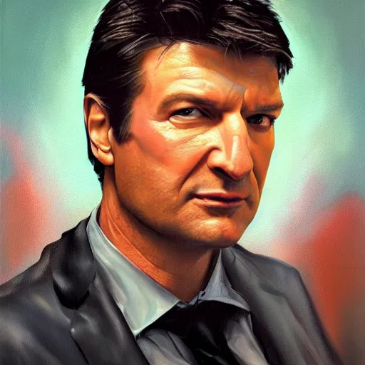 Image similar to a realistic oil painting of nathan fillion as a cybernetic cyborg, surrealism portrait, surrealism album cover