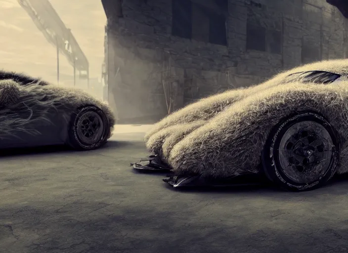 Image similar to hd wallpaper of a car made out of fur, octane render, 8 k, hyperrealistic, unreal 5, intricate detail, cinematic, studio lighting, concept art, trending on artstation