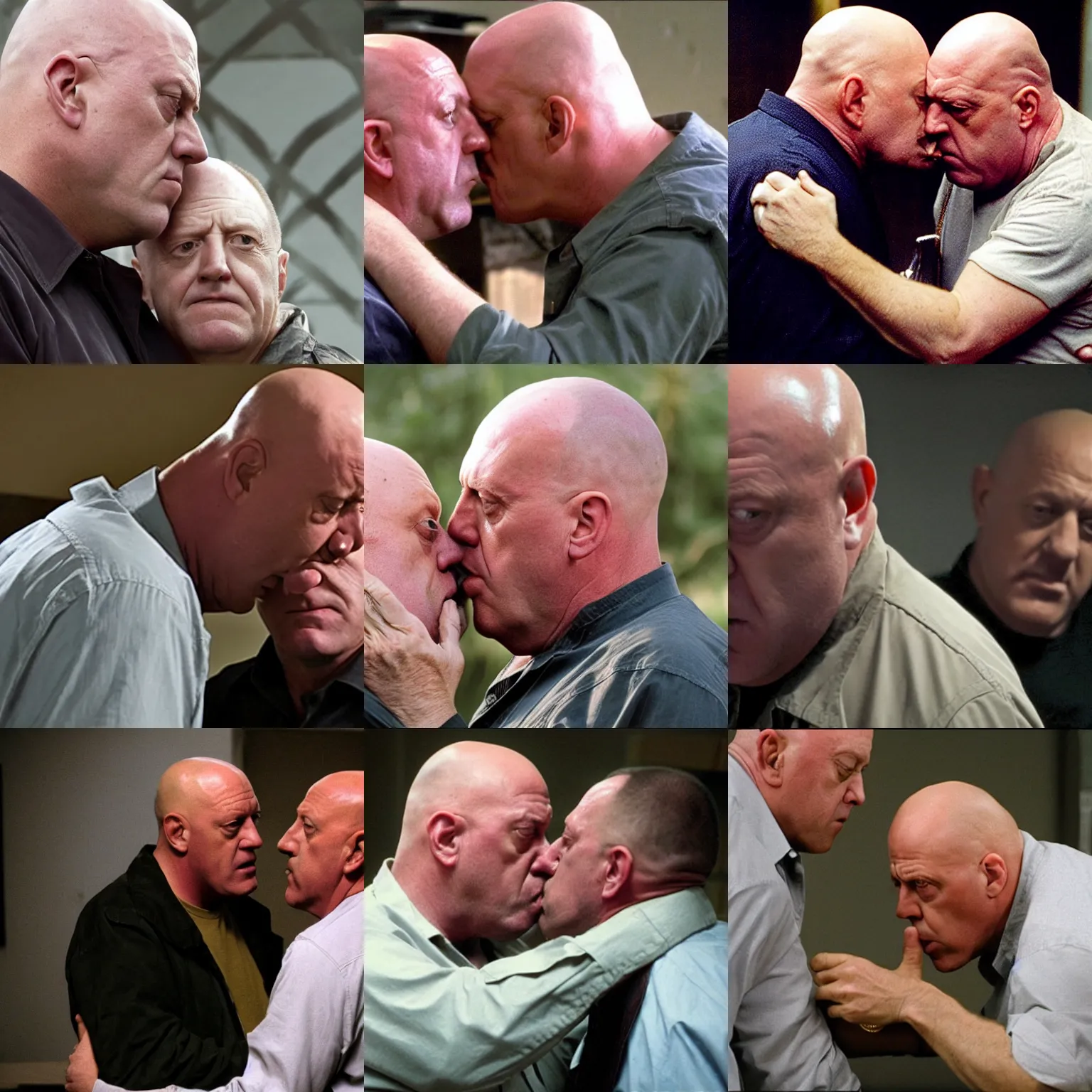 Prompt: Hank Schrader making out with Mike Ehrmantraut, still from Breaking Bad
