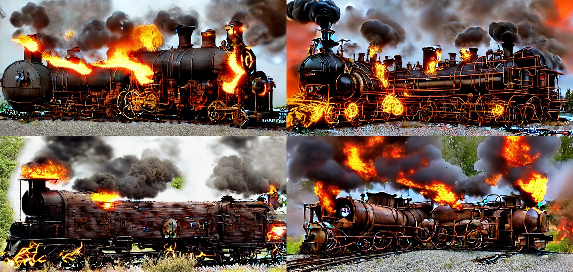 Prompt: flaming train on steampunk railroad in the 1800's