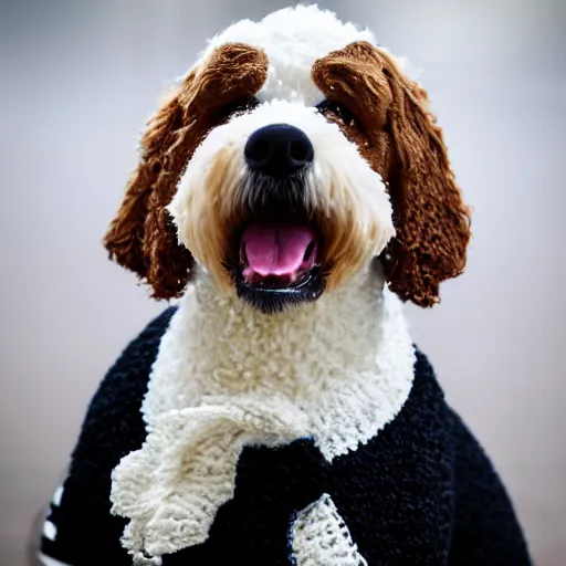 Image similar to a closeup photorealistic photograph of a cute smiling knitted bernedoodle judge dog dressed in a black gown, presiding over the courthouse. indoor image, professional capture, well lit shot. this 4 k hd image is trending on artstation, featured on behance, well - rendered, extra crisp, features intricate detail, epic composition and the style of unreal engine.