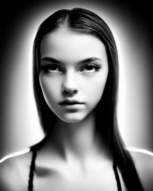 Image similar to black and white dreamy young beautiful female cyborg high quality portrait photo, microchip skin, artificial intelligence, cinematic, rim light, photo - realistic, elegant, high detail, 8 k, masterpiece, photo taken in 1 9 3 0