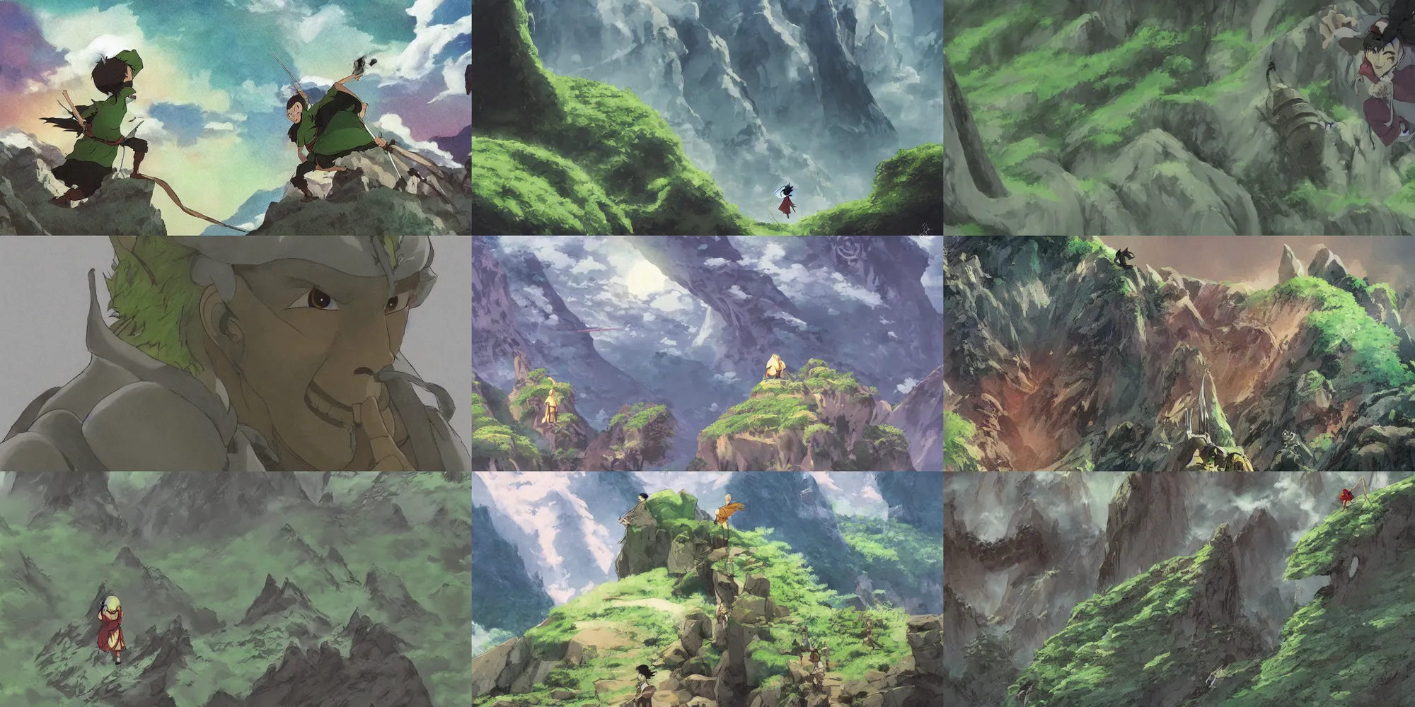 Prompt: realistic epic animation key of the last airbender, close up character shot, lush green mountains, studio ghibli, pixar and disney animation, sharp, anime key art by marc davis, dramatic lighting
